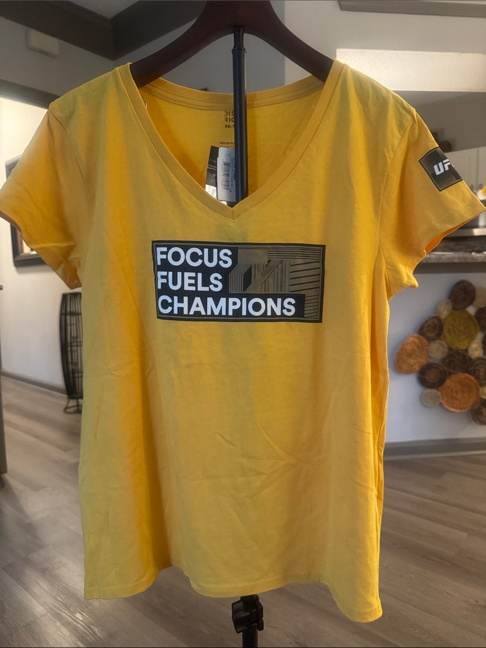 🔥UFC Women’s Yellow V-Neck Tee with 'Focus Fuels Champions' Graphic🔥BRAND NEW